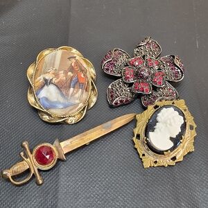 Vintage Brooch Bundle Cameo Romantic Scene Rhinestone Flower Sword Statement Pin